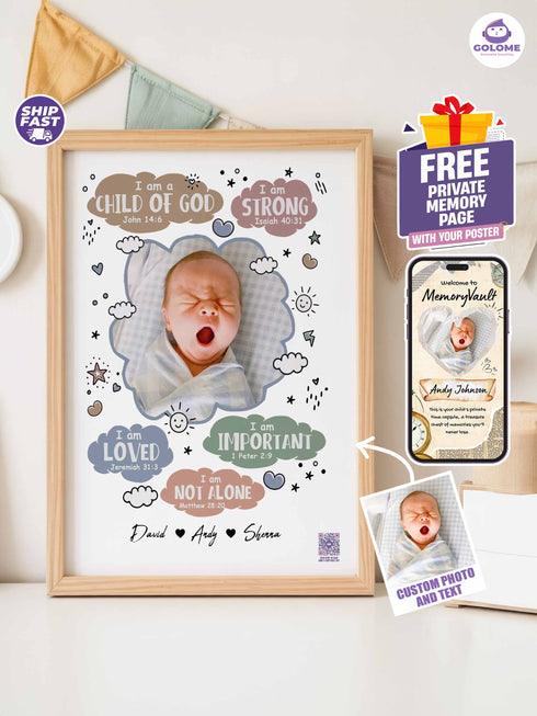 Personalized Baby “I Am” Cloud Poster – Christian Nursery Wall Art with Custom Photo & Bible Verses